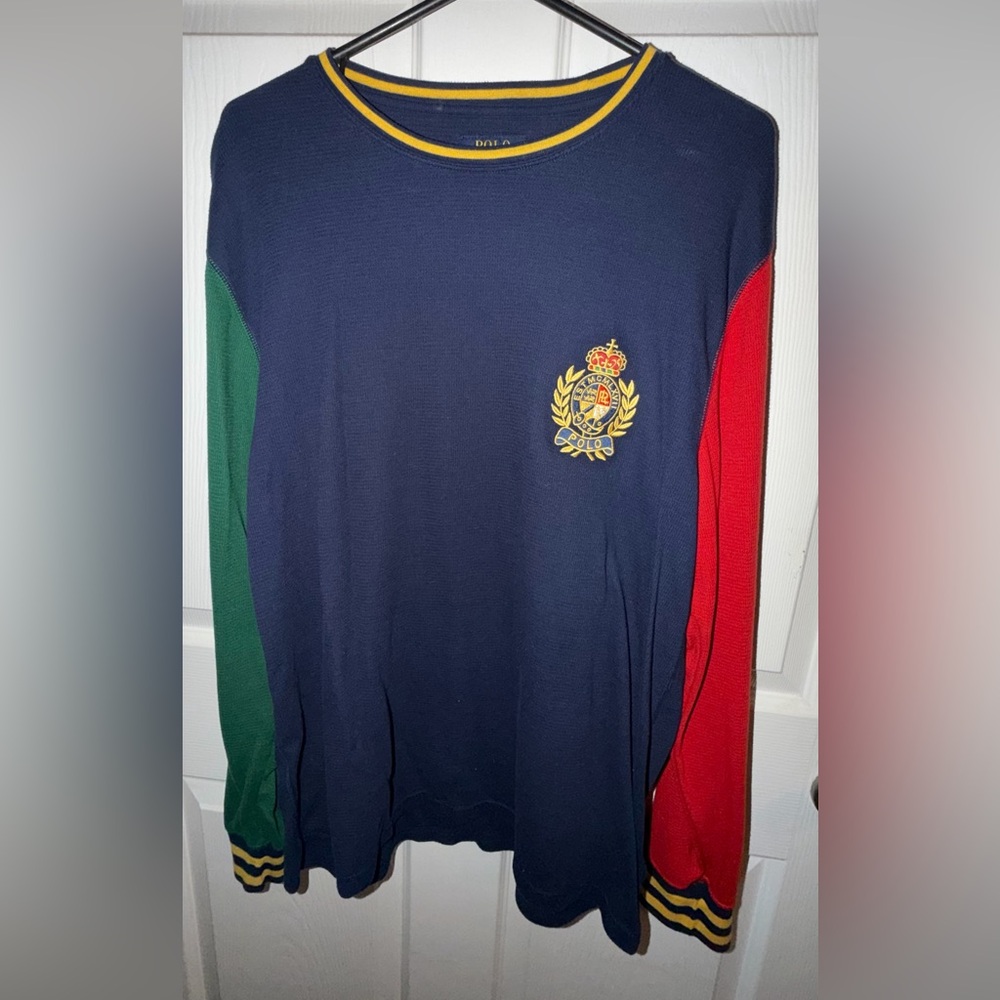 Polo by Ralph Lauren Navy Long Sleeve Shirt with Green and Red Sleeves